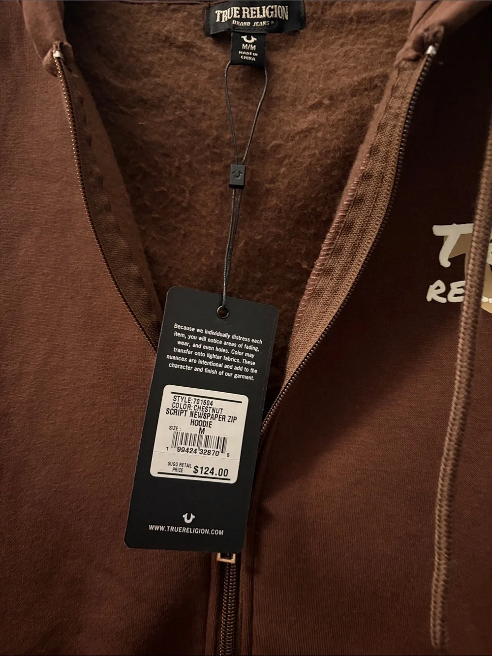 NEW True Religion Men’s Brown Full-Zip Hoodie with Logo